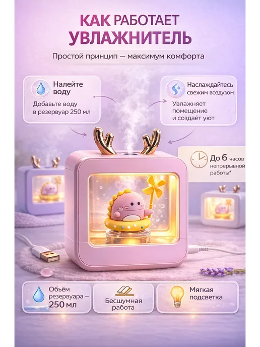 ОФ04 Мини увлажнитель воздуха настольный, фиолетовый, фото 3