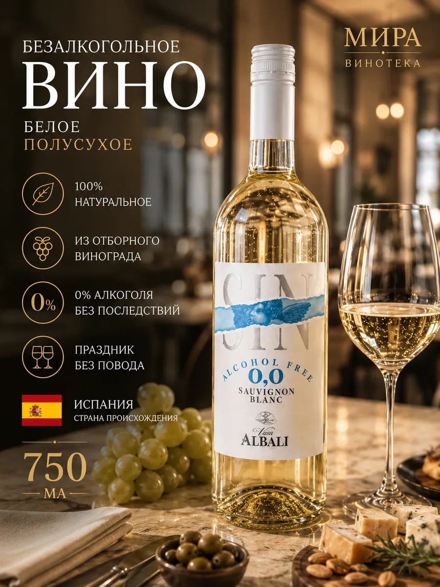 Безалкогольное полусухое белое вино Совиньон Блан Албали