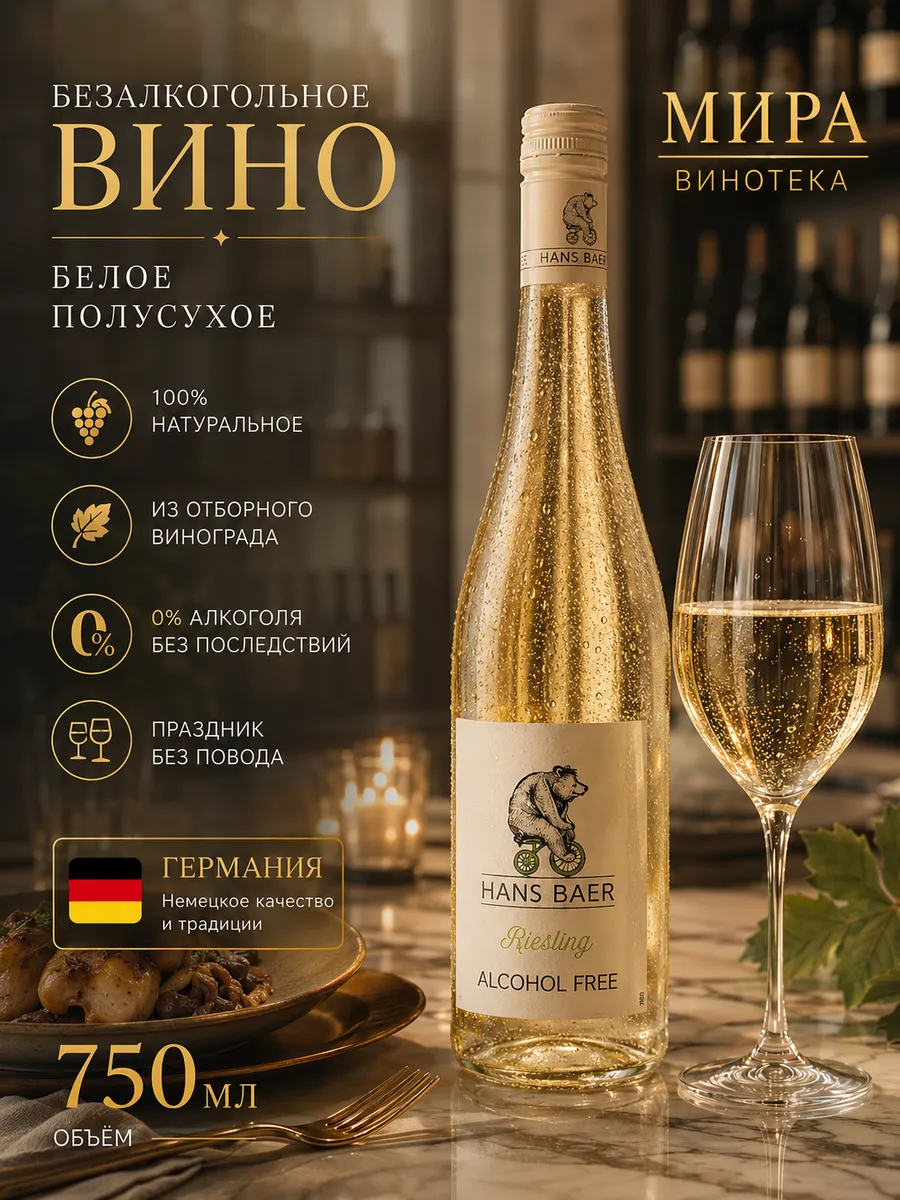 Безалкогольное вино Рислинг белое полусухое 0.75л Ханс Баер