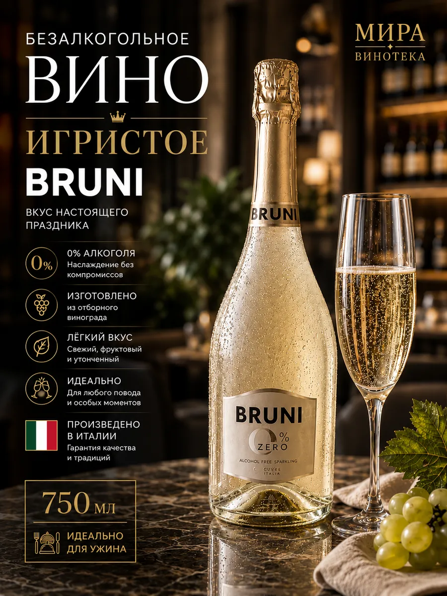 Игристое вино безалкогольное Bruni Zero 750 мл шампанское