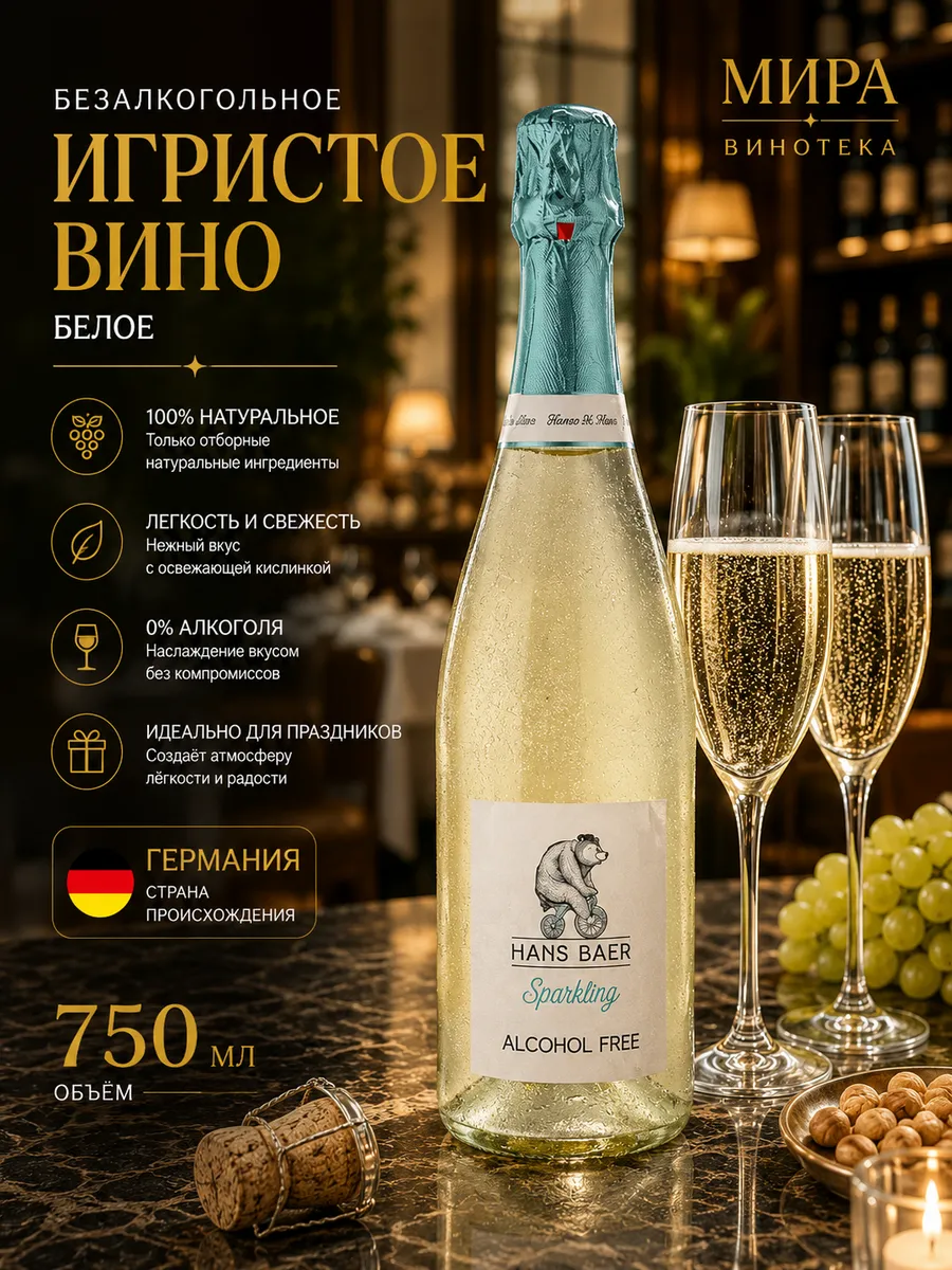 Вино безалкогольное игристое Рислинг белое Ханс Баер