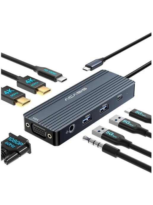 Докстанция 8 в 1 на три монитора. С двумя HDMI 4K, серый