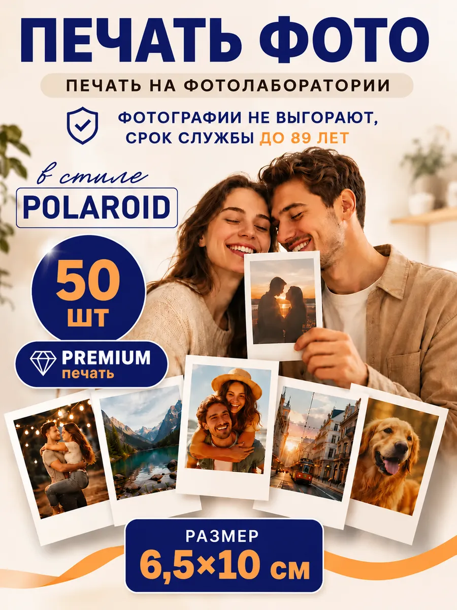 Печать фото 6,5 x 10 мини Polaroid фотополароид 50 шт