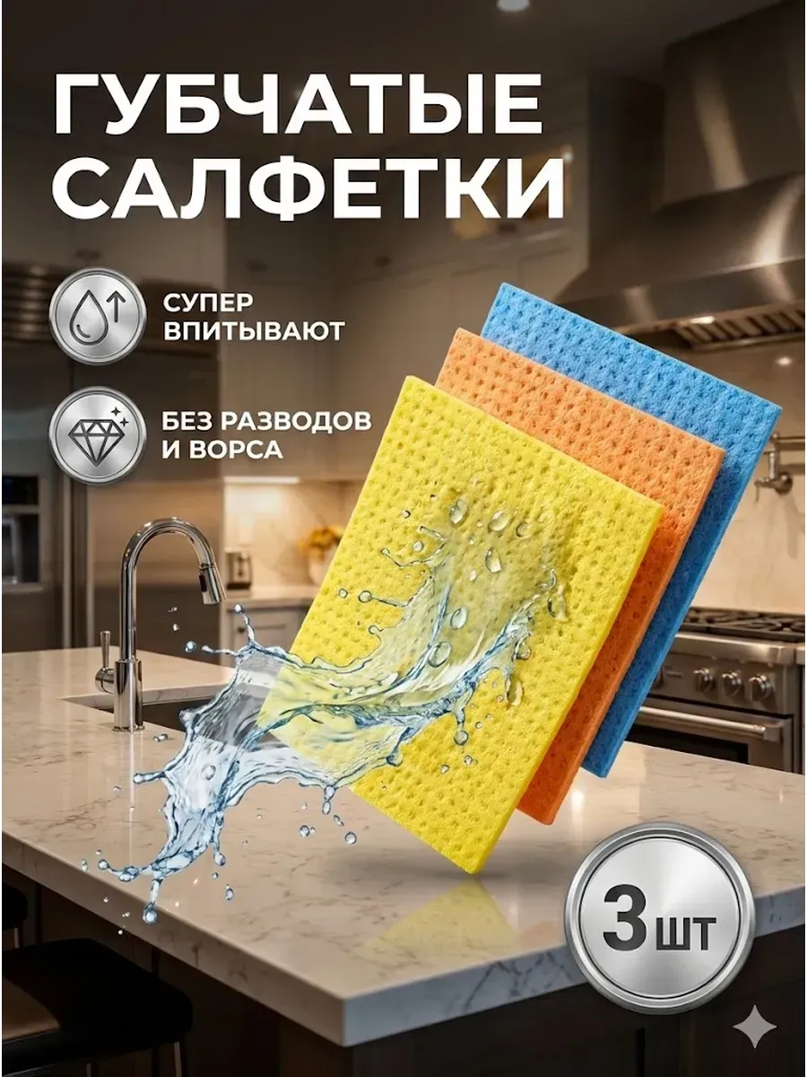 Салфетки для уборки кухни губчатые впитывающие набор тряпок