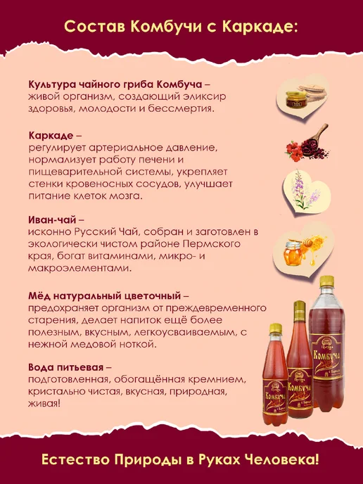 Промёд Комбуча напиток чайный гриб с Каркаде на меду 2 х1л, 1 л, фото 2