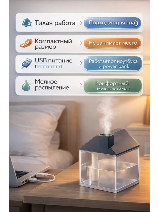 Apu4 Увлажнитель воздуха USB мини домик настольный, черный, фото 2