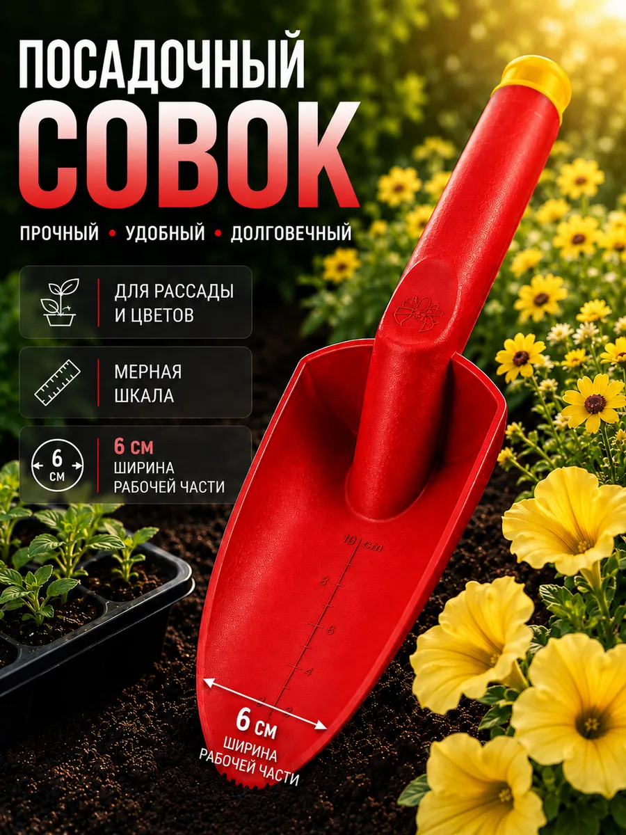Совок посадочный с мерной шкалой узкий, 1шт