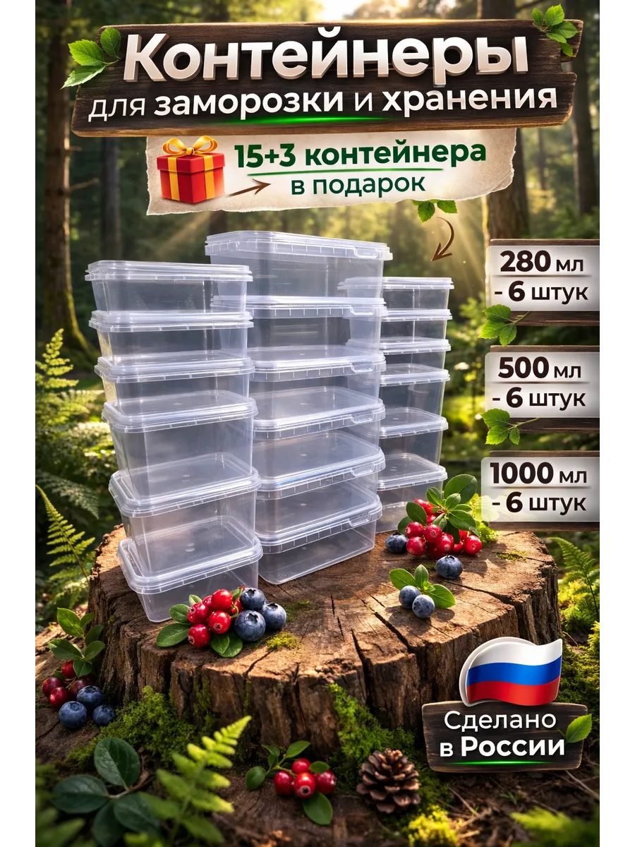 Контейнеры для заморозки и хранения, 280/500/1000 мл, 18 шт