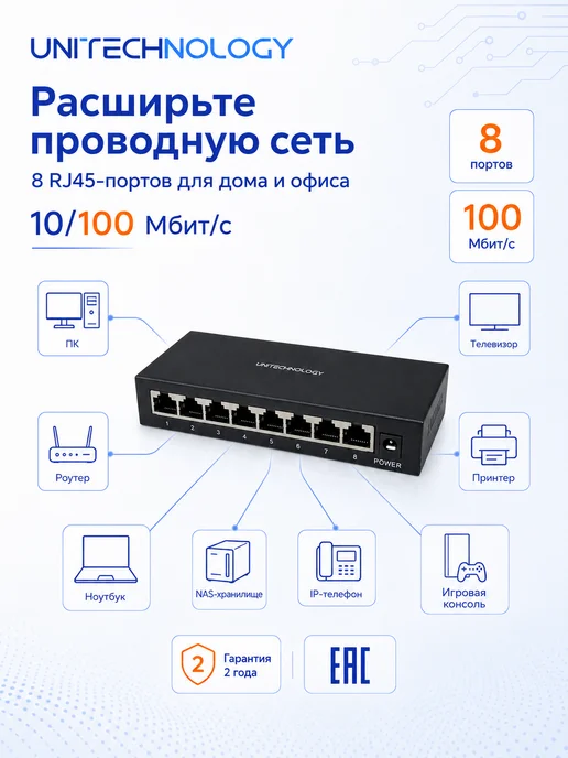 Коммутатор сетевой 8 портов 100 Мбит с металл, вариант, фото 2