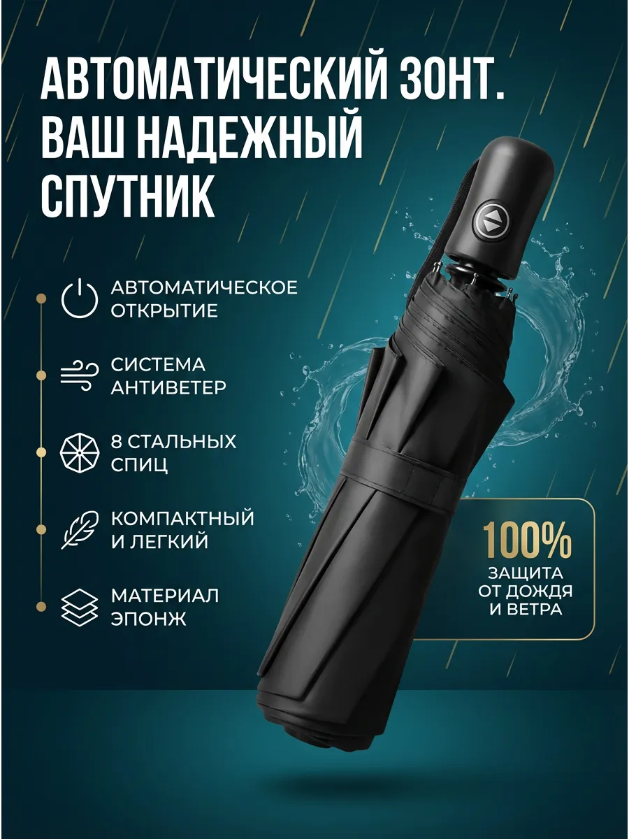Зонт автомат черный складной антиветер компактный