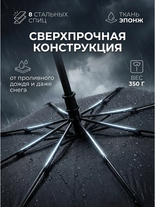 vsegda.sebya Зонт автомат черный складной антиветер компактный, черный, фото 2