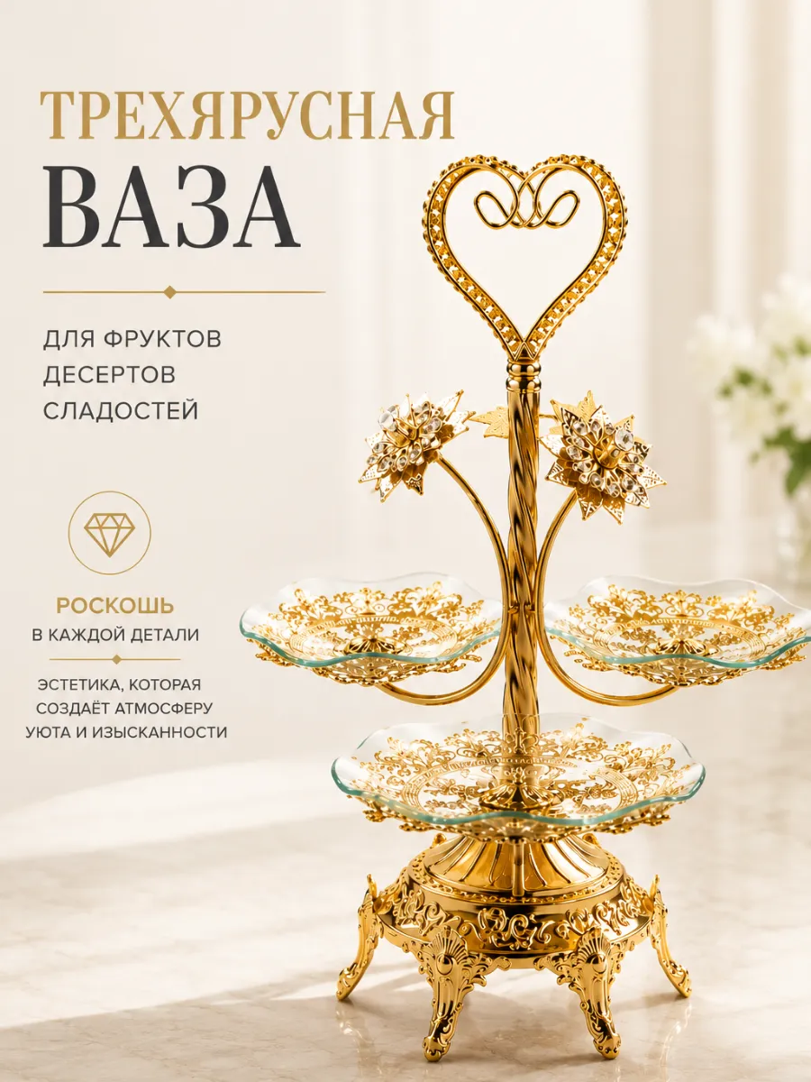 Конфетница трехъярусная со стеклянным блюдом