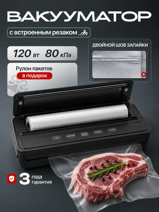 PrimeHome Вакууматор для продуктов с резаком мощный профессиональный, черный