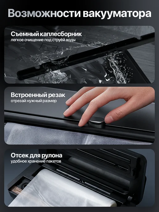 PrimeHome Вакууматор для продуктов с резаком мощный профессиональный, черный, фото 6