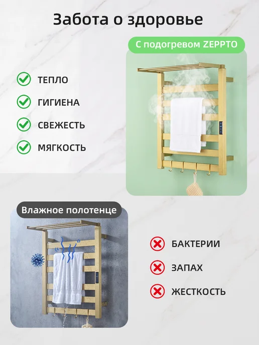 ZEPPTO Электрический полотенцесушитель в ванную золотой 500х600, 500x600, фото 5