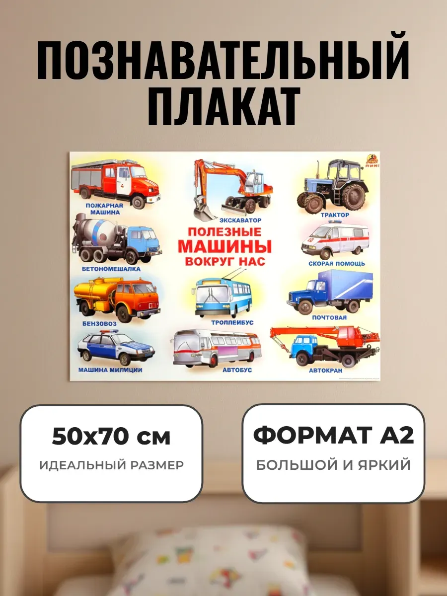 Развивающий плакат А2 для дет сада и школы. Полезные машины