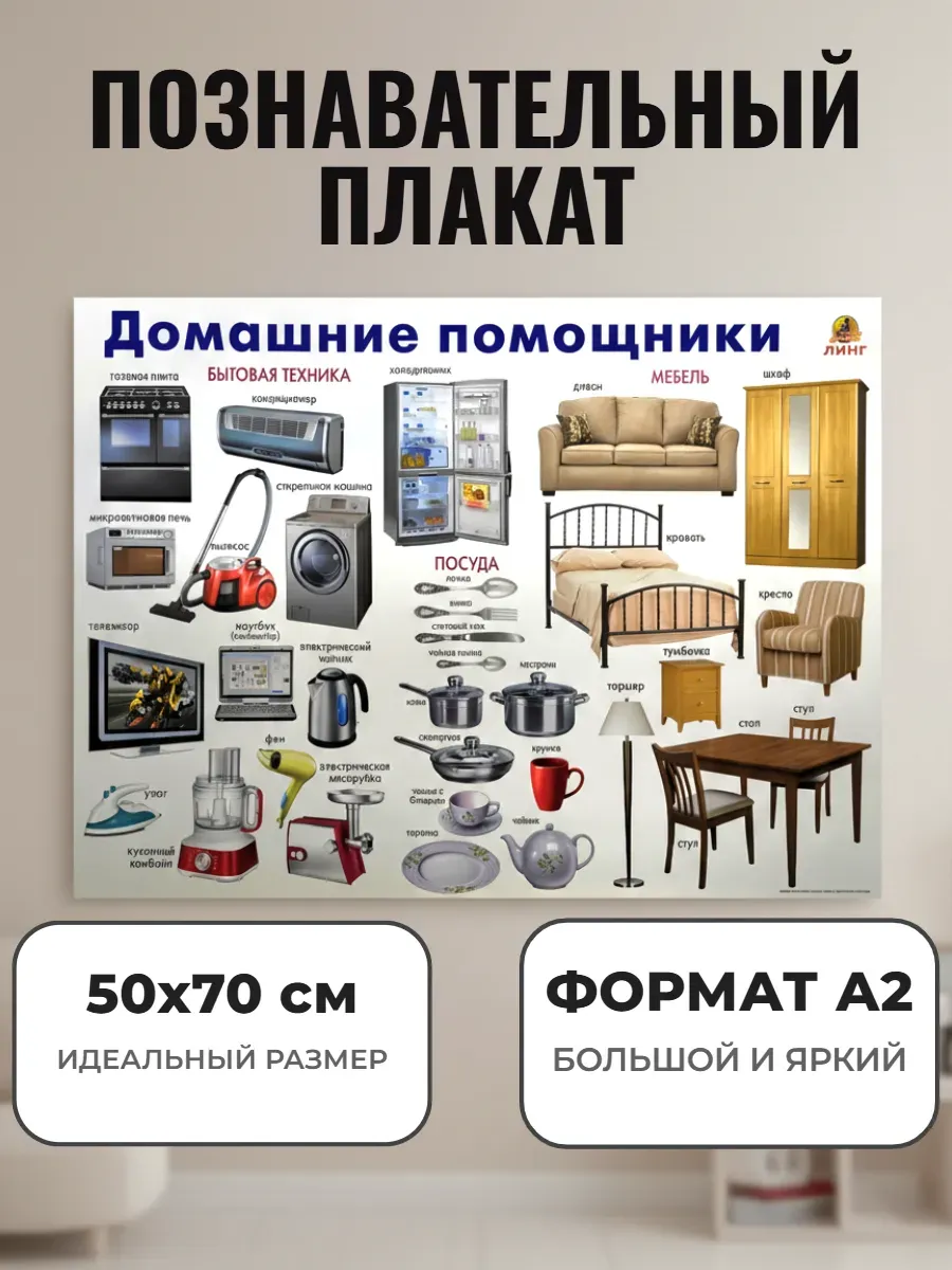 Развивающий плакат А2 для дет сада и школы Мебель техника