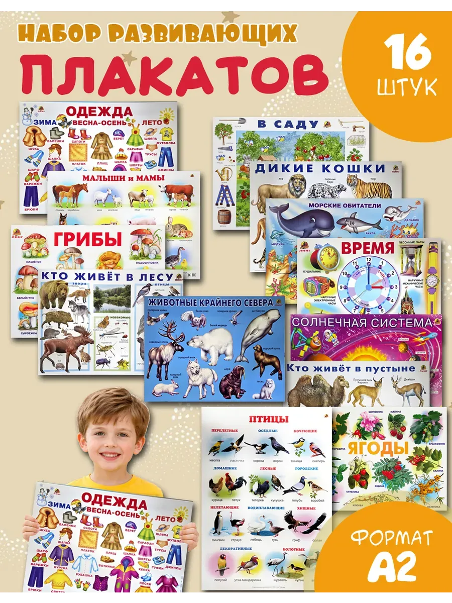 Набор 16 больших обучающих плакатов А2 для дет сада и школы