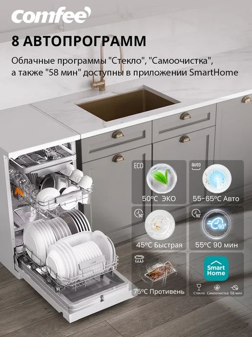 Comfee Отдельностоящая посудомоечная машина CDW455WI, 45 см, Wi-Fi, вариант, фото 2