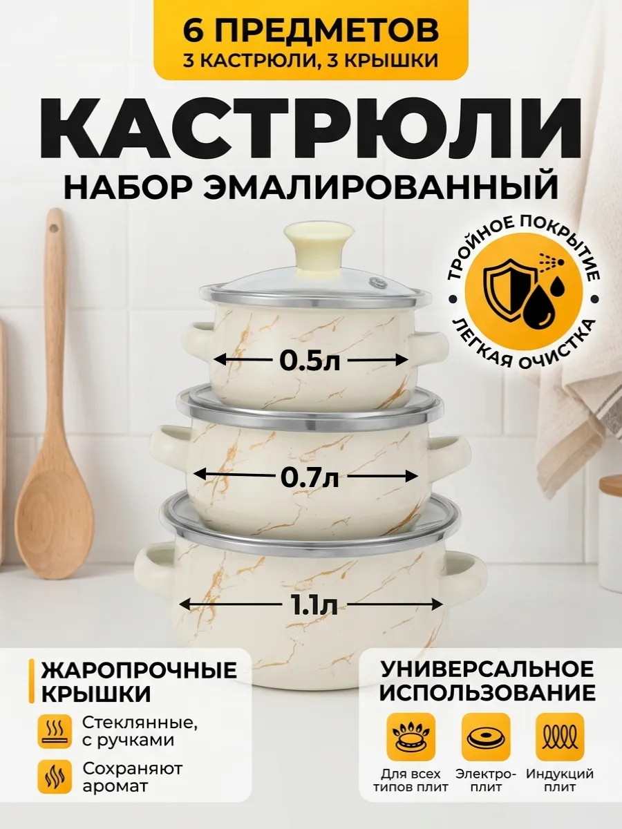 Набор эмалированных кастрюль (0.5л,0.7л,1.1л)