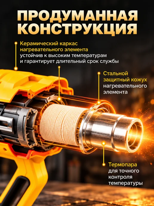 DENZEL Технический фен HG 2000E Yellow, желтый, фото 2