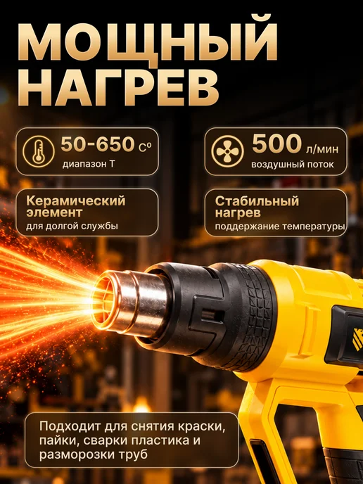 DENZEL Технический фен HG 2000E Yellow, желтый, фото 4