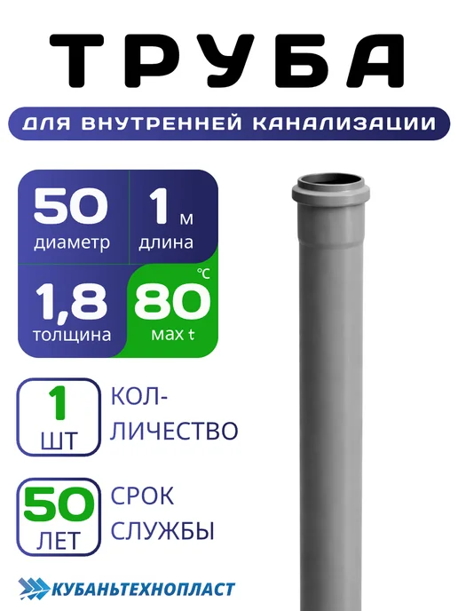 КУБАНЬТЕХНОПЛАСТ Труба для внутренней канализационная Ф50х1.8 - 1 м - 1 шт, 50x1.8, 1 м