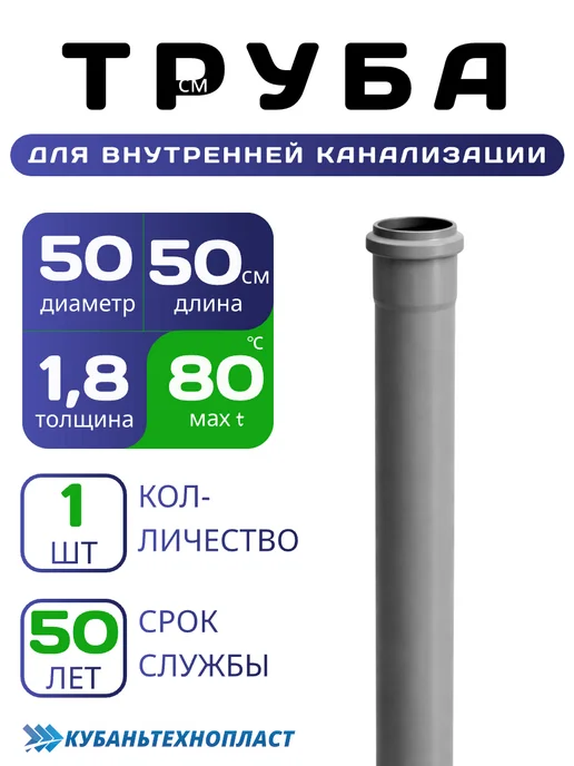 КУБАНЬТЕХНОПЛАСТ Труба для внутренней канализационная Ф50х1.8 - 1 м - 1 шт, 50x1.8, 1 шт