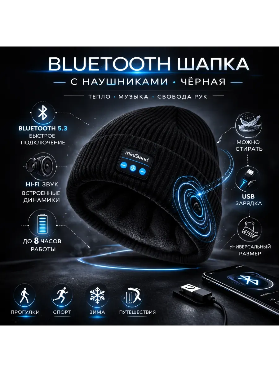 Bluetooth шапка с наушниками беспроводная зимняя