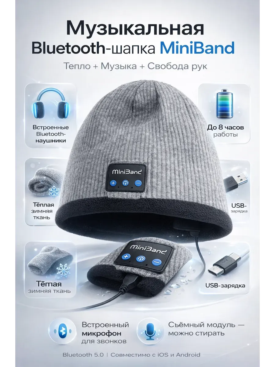 Bluetooth шапка с наушниками беспроводная зимняя