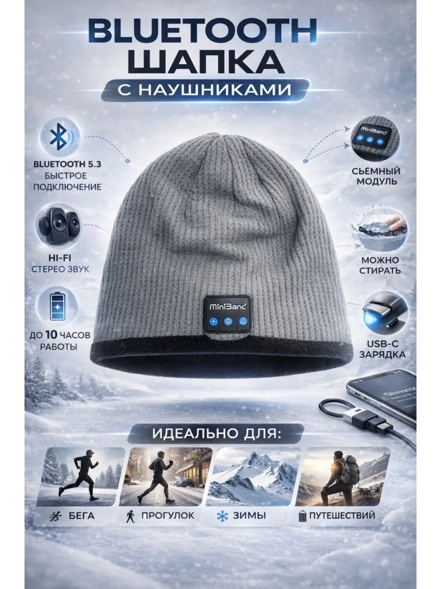 Bluetooth шапка с наушниками беспроводная зимняя