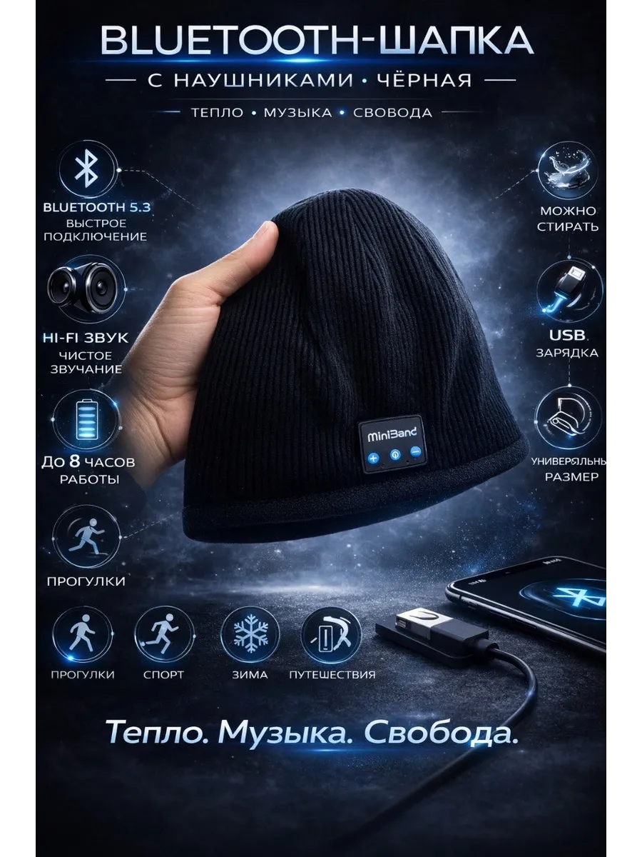 Bluetooth шапка с наушниками беспроводная зимняя