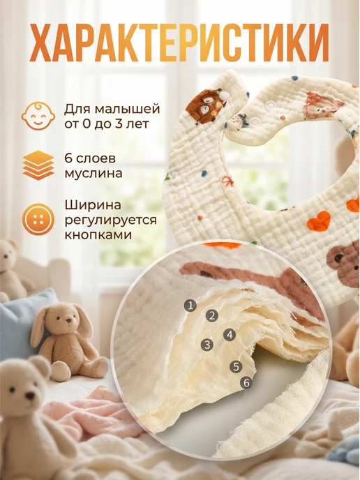 Слюнявчики муслиновые для новорожденных 3шт, 3 шт, фото 2