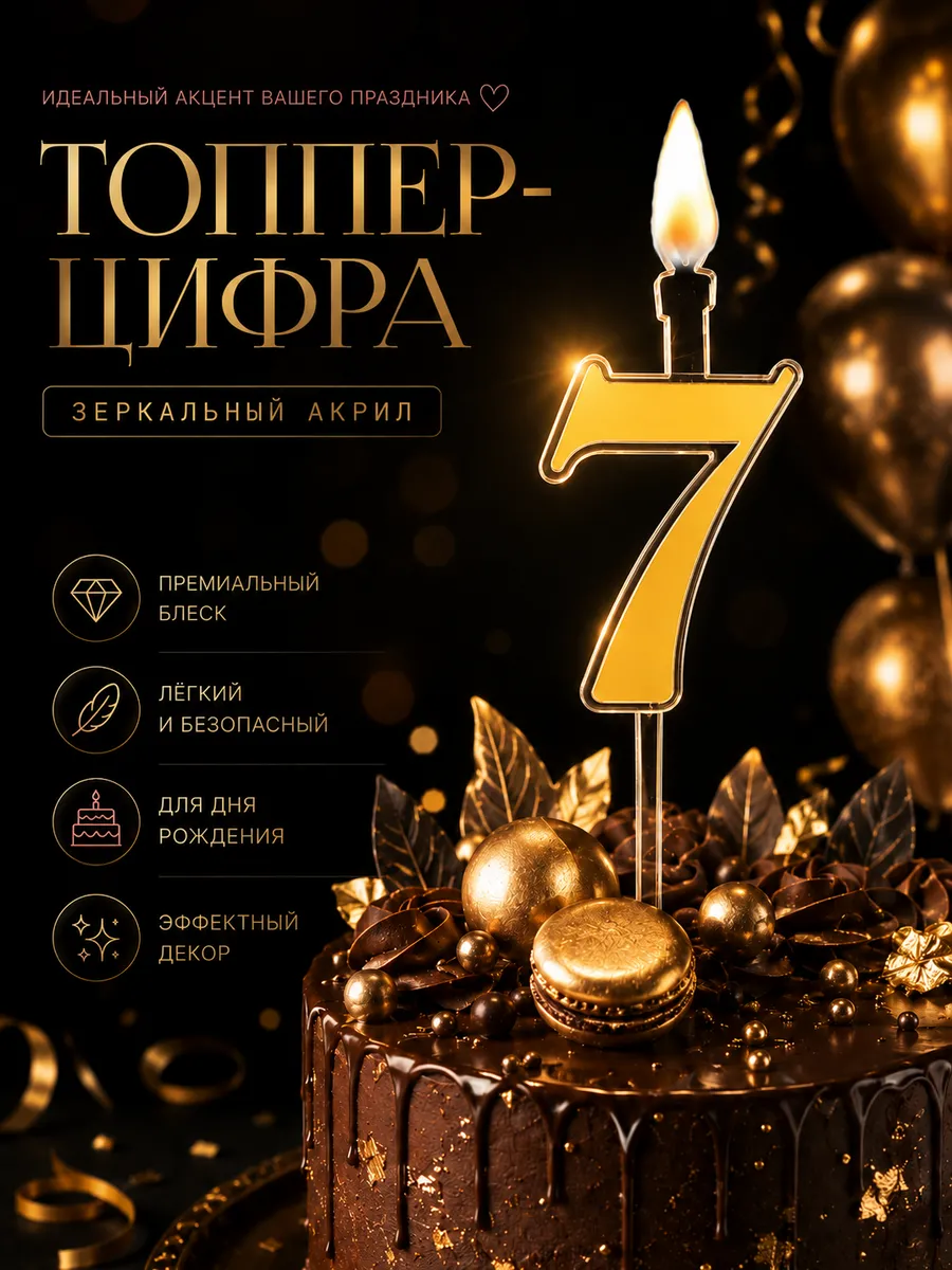 Топпер на торт со свечой цифра 7