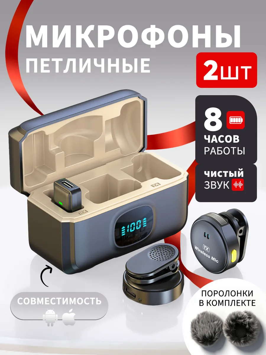 Микрофон петличный беспроводной для iphone и андроид 2 штуки