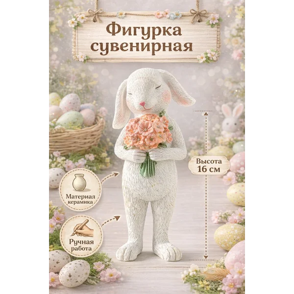 Сувенир полистоун Белая зайка с букетом розовых цветов
