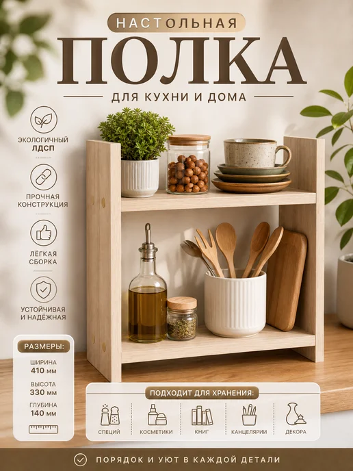 PROSTO&UYUTNO Полка для кухни настольная, деревянная, коричневый
