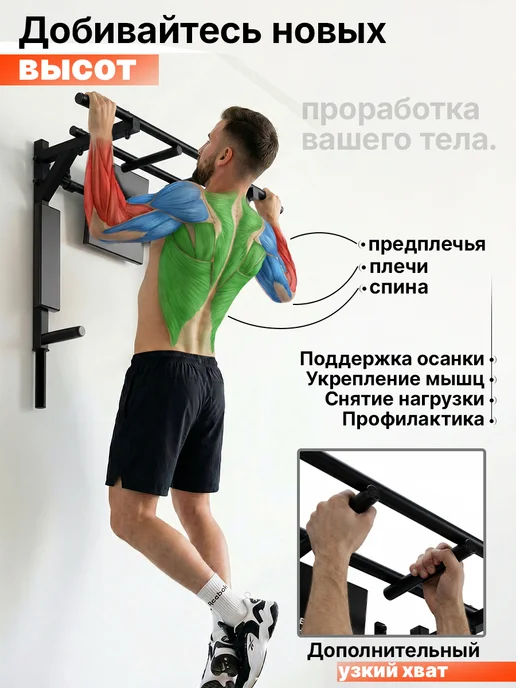 Absolute Champion Турник настенный 3 в 1 брусья пресс тренажер для спорта дома, черный, фото 3