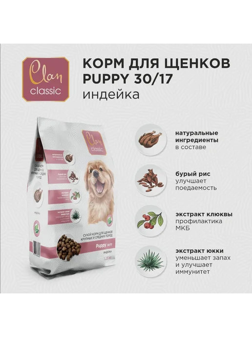 Сухой корм Clan Classic для собак, крупные, средние, щенки, индейка, 1,25 кг, фото 2