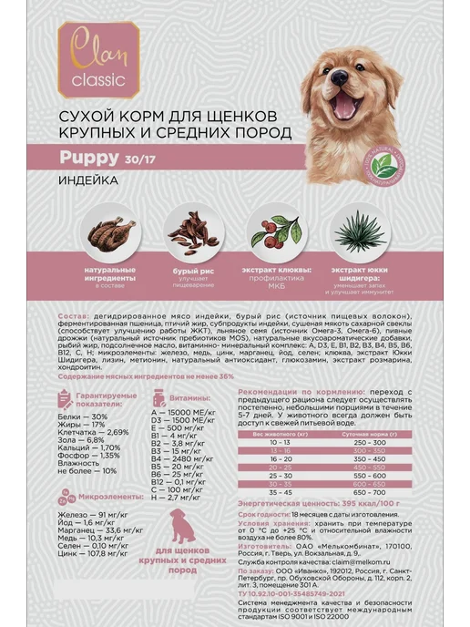 Сухой корм Clan Classic для собак, крупные, средние, щенки, индейка, 1,25 кг, фото 3