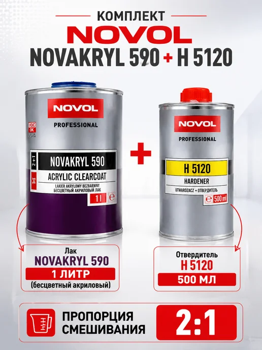 NOVOL Лак акриловый NOVAKRYL 590 HS 1л + отв. 0,5л, 1 л, 500 мл, фото 3