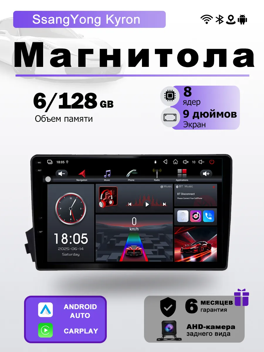 Магнитола 2din 6+128 ГБ (8 ядер) для Ssang Yong Kyron