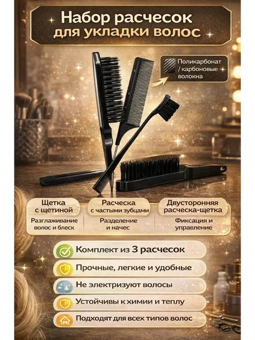 Биби227 Универсальный набор из 3 расчесок для укладки волос, черный