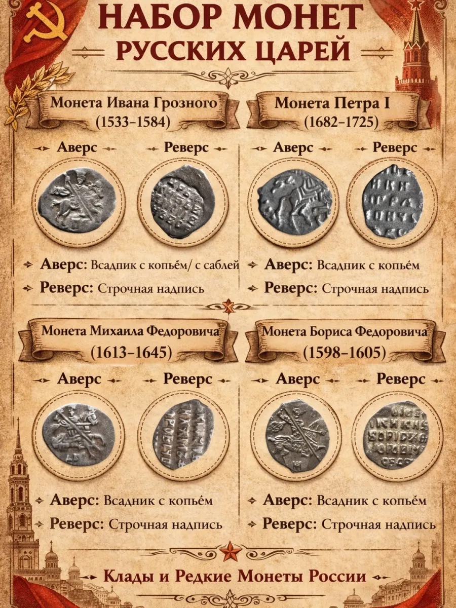 Набор 4 монеты Ивана 4, Михаила, Пётра I,Борис 1535-1696