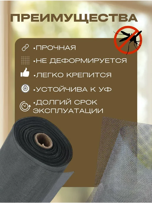 Москитная сетка КЛОС Москитная сетка на окно плотность 140г м2, размер 1,6х5м, 140 г, 5 м, фото 2