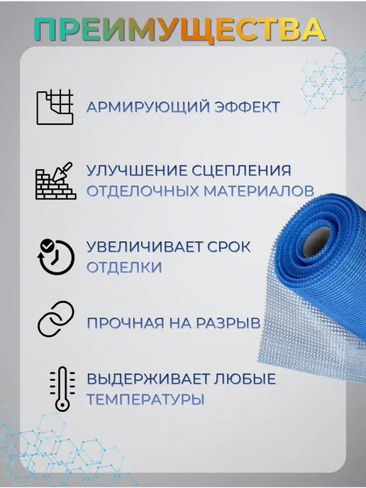 Сетка для штукатурки КЛОС Сетка фасадная 1х50м 160г м2 синяя, 1x10 м, 160 г, фото 4