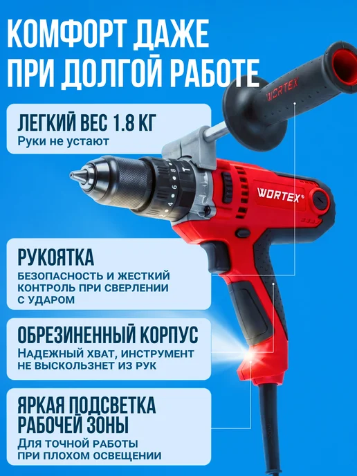 wortex Дрель шуруповерт сетевая ударная DR 1323 D, черный, фото 7