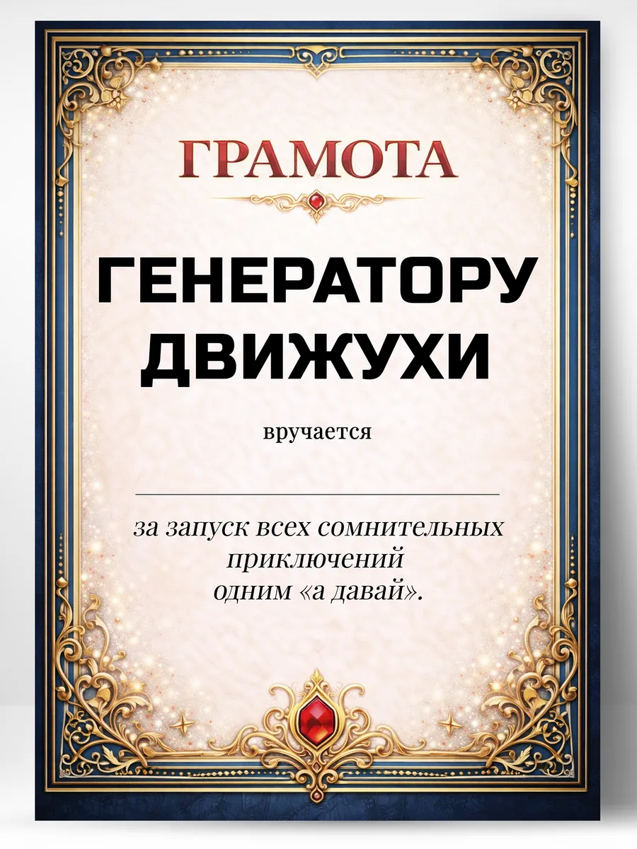 Грамота диплом в подарок - Генератору движухи