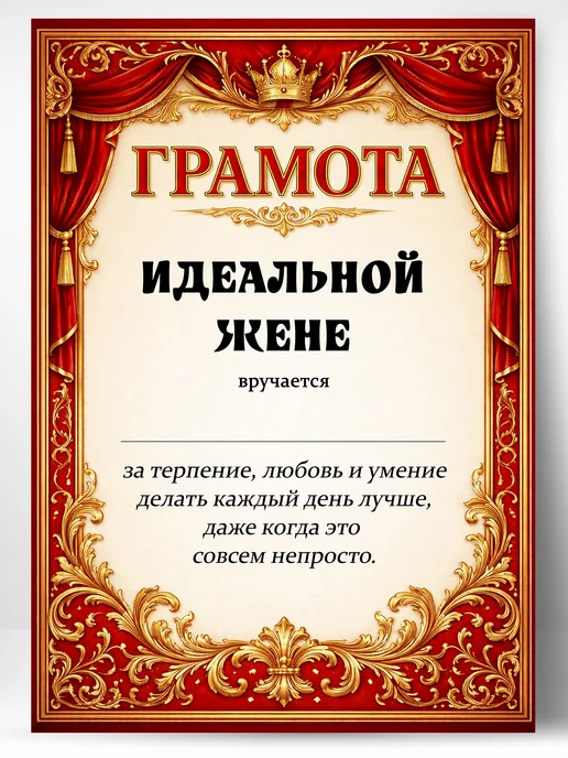ЛАБОРАТОРИЯ ДЕТСТВА Грамота диплом в подарок - Идеальной жене, вариант