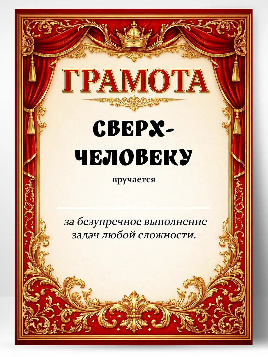 Грамота диплом в подарок - Сверхчеловеку